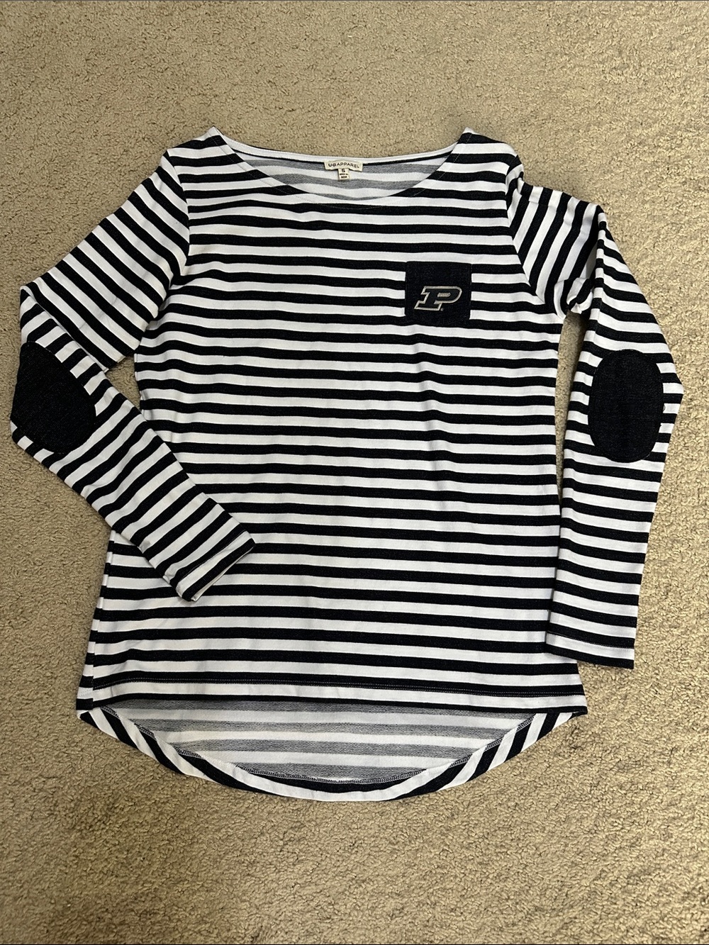 UGAPPARE Black & White Striped Purdue Long Sleeve Sweater with Elbow Patches